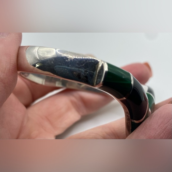 TAXCO Sterling Silver Malachite & Onyx Chevron Hinged Bracelet Stamped Mexico HP - Picture 14 of 14